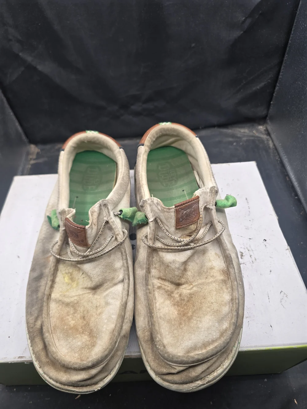 Hey Dude Beige Slip-On Loafers with Green Insoles